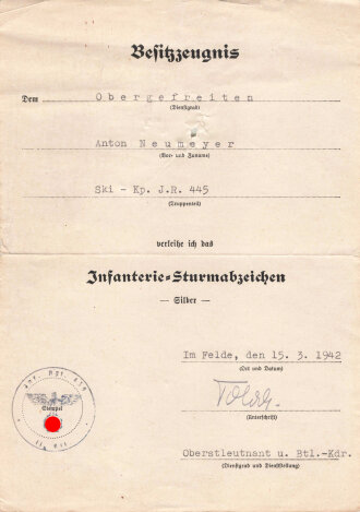Besitzzeugnis eines Obergefreiten zum Infanterie...