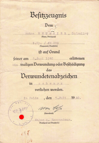 Besitzzeugnis eines Obergefreiten zum Infanterie Sturmabzeichen silber. Ausgestellt am 15.3.1942 bei Ski Kompanie Infanterie Regiment 445