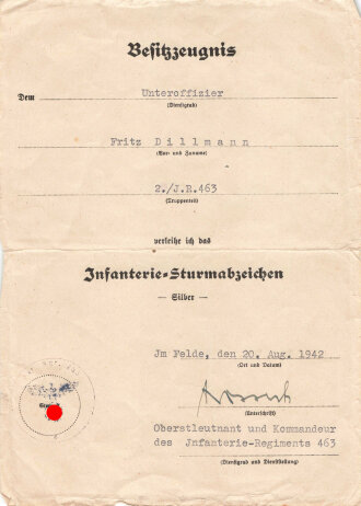 Besitzzeugnis eines Unteroffizier der 2./J.R. 463 über ein Infanterie Sturmabzeichen, ausgestellt am 20.August 1942.