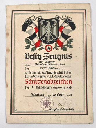 Besitzzeugnis eines Schützen der 11./JR-Heilbronn...
