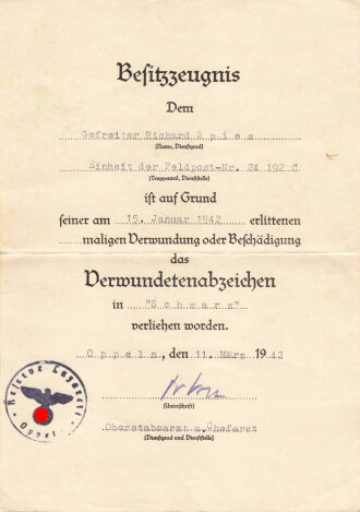 Besitzzeugniss zum Verwundetenabzeichen schwarz,...