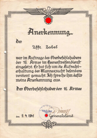 Anerkennungsurkunde eines Unteroffizier im...