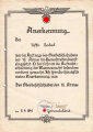 Anerkennungsurkunde eines Unteroffizier im Heeresstreifendienst " hat sich um die Aufrechterhaltung der Manneszucht besonders Verdient gemacht", 1941, DIN A4
