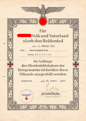 U Boot , Heldentod Urkunde eines Maschinengefreiten der...