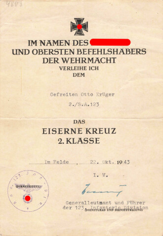 Zwei Verleihungsurkunden eines Gefreiten der schnellen Abteilung 123