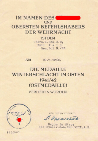 Polizei, Verleihungsurkunde für die Medaille Winterschlacht im Osten 1941/42, für einen Oberw. d. Sch. d. R.