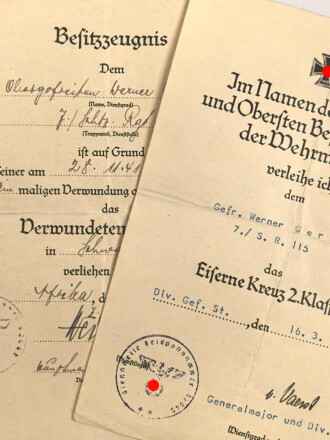 Afrikakorps, Verleihungs- und Besitzurkunden einers Obergefreiten