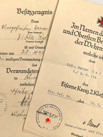 Afrikakorps, Verleihungs- und Besitzurkunden einers...