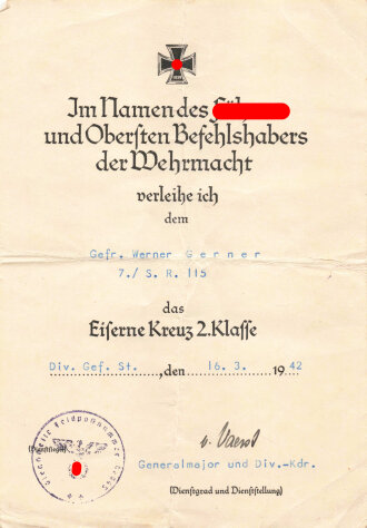 Afrikakorps, Verleihungs- und Besitzurkunden einers...