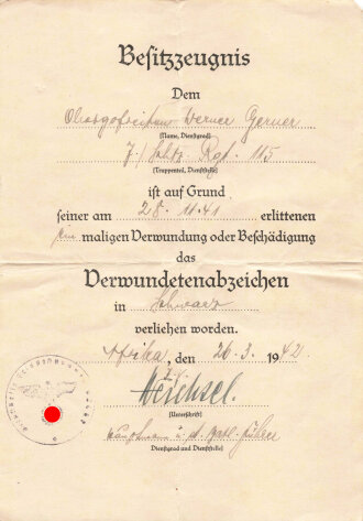 Afrikakorps, Verleihungs- und Besitzurkunden einers Obergefreiten