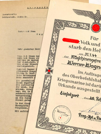 U-Boot Heldentod Urkunde eines Maschinengefreiten der Kriegsmarine mit Brief an die Angehörigen