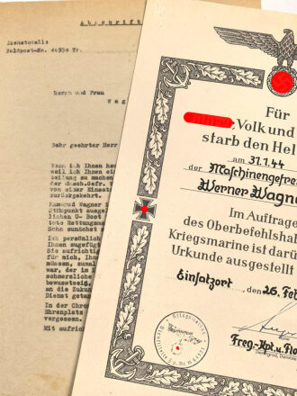 U-Boot Heldentod Urkunde eines Maschinengefreiten der...