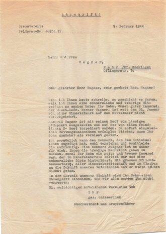 U-Boot Heldentod Urkunde eines Maschinengefreiten der Kriegsmarine mit Brief an die Angehörigen