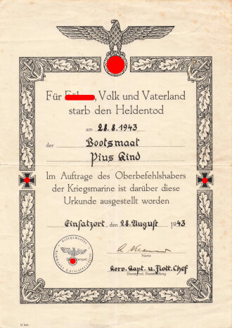 Heldentod Urkunde eines Bootsmaat der Kriegsmarine, ausgestellt am 28.8.1943, Abgestempelt bei "Kommando 3. Geleitflottille" Eigenhändige Unterschrift Korvettenkapitän und Flottillen Chef