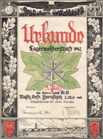 Kriegsgefangenschaft, Urkunde Lagermeisterschaft 1942 des Kriegsgefangenenlager 23 in Canada eines Maschinengefreiten