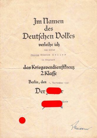 Verleihungsurkunde zum Kriegsverdienstkreuz 2. Klasse...