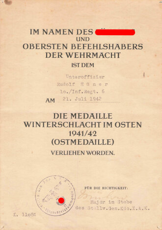 Verleihungsurkunde für die Medaille Winterschlacht...