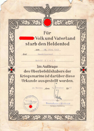 Heldentod Urkunde einers Maschinenmaat der Kriegsmarine....