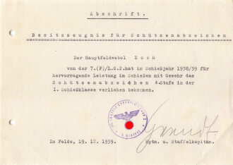 Luftwaffe, Abschrift eines Besitzzeugnis zum...