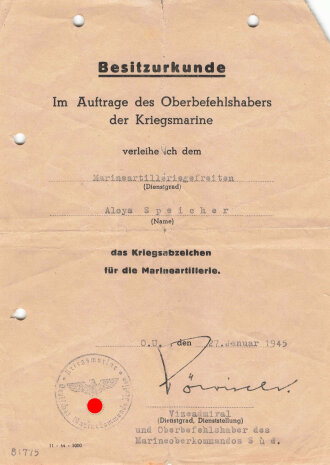 Besitzurkunde für einen Marineartilleriegefreitenzum Kriegsabzeichen für die Marineartillerie