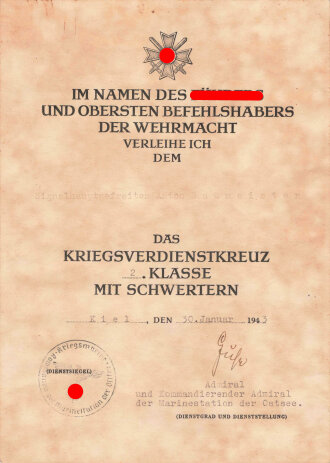 Kriegsmarine, Verleihungsurkunde zum Kriegsverdienstkreuz...