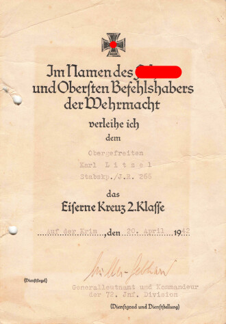 Verleihungsurkunde für das Eiserne Kreuz 2.Klasse 1939, an einen Obergefreiten der Stabskompanie Infanterie Regiment 266