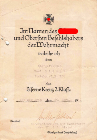 Verleihungsurkunde für das Eiserne Kreuz 2.Klasse...