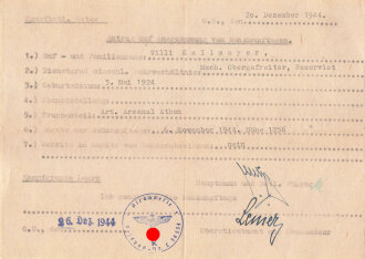 Antrag auf Anerkennung von Nahkampftagen  aufgrund von Kampfhandlungen am 6.November 1944 auf Höhe 1256 als Angehöriger einer Kampfgruppe in Griechenland