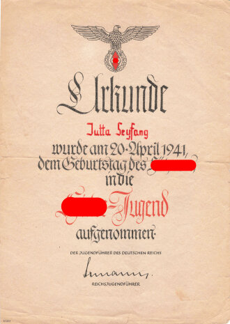 BDM, Urkunde für die Aufnahme in die Hitler-Jugend...