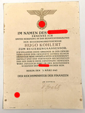 Großformatige Ernennungsurkunde für einen...