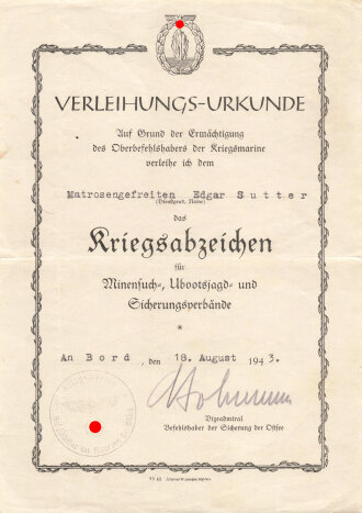 Verleihungsurkunde für das Kriegsabzeichen für...