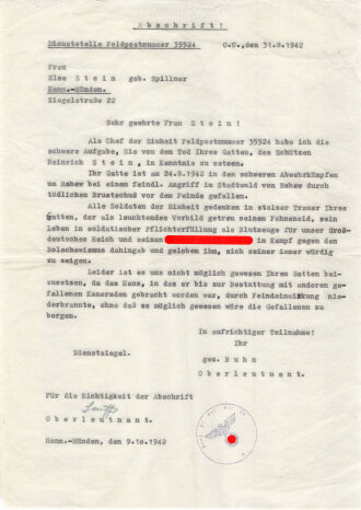 Beileidsbekundung eines Oberleutnant bezüglich eines...