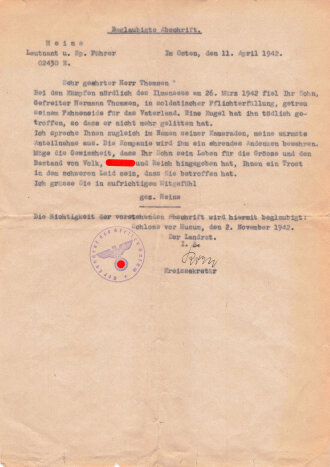 Beglaubigte Abschrift Beileidsbekundung eines Leutnant...