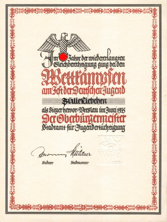 Urkundenkonvolut einer Frau aus Breslau, unter anderem Urkunden zum Fest der Deutschen Jugend 1934 und 1935