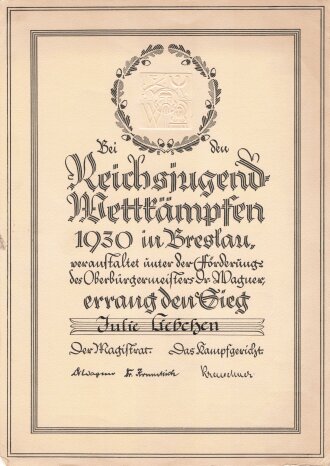 Urkundenkonvolut einer Frau aus Breslau, unter anderem Urkunden zum Fest der Deutschen Jugend 1934 und 1935