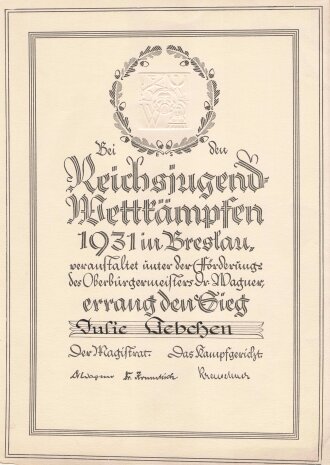 Urkundenkonvolut einer Frau aus Breslau, unter anderem Urkunden zum Fest der Deutschen Jugend 1934 und 1935