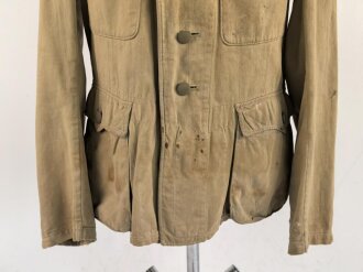 Waffen SS Tropenfeldbluse , sogenannte Sahariana. Getragenes Kammerstück mit original vernähtem Ärmaladler. Ungereinigt