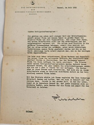 Gerhard Fieseler Werke , Konvolut eines Betriebsangehörigen