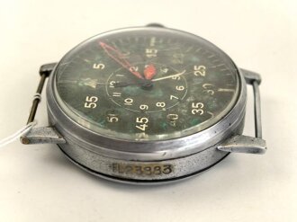 Luftwaffe, Beobachtungsuhr Bauart Durowe, Fl 23883, Hersteller Lacher & Co Pforzheim. Das Uhrwwerk läuft an, bleibt aber nach etwa 20 Sekunden stehen.