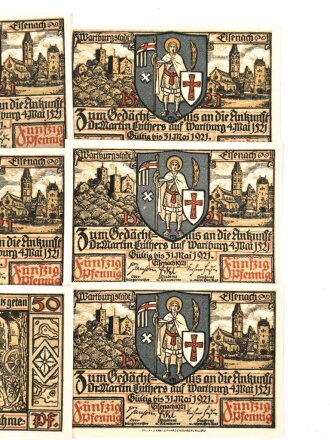 Notgeld der Wartburgstadt Eisenach 31. Mai 1921, 6 Belege