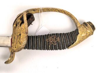 Preussen, Infanterie Offiziers Degen IOD Modell 1889 in Luxusausführung. Guter Gesamtzustand, die Scheide alt überlackiert. das Klappgefäß bleibt nicht am Griffstück, sondern klappt in seine jetztige Form zurück.