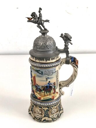 Reservistenkrug eines Angehörigen im 3. Badischen Dragoner Regiment Prinz Carl No. 22 Mühlhausen im Elsaß." Steingutkrug von 1907 mit geringen gebrauchsspuren