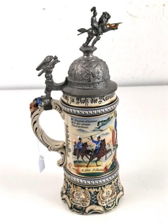 Reservistenkrug eines Angehörigen im 3. Badischen Dragoner Regiment Prinz Carl No. 22 Mühlhausen im Elsaß." Steingutkrug von 1907 mit geringen gebrauchsspuren