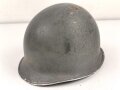 U.S. WWII steel helmet shell, front seam, fixed bail. Reused by U.S. Army after WWII, cleaned.