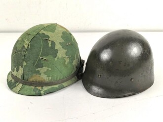 U.S. Army, M1 steel helmet with pattern 1964 liner and Mitchell cover.