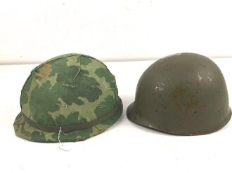 U.S. Army, M1 steel helmet with pattern 1964 liner and Mitchell cover.