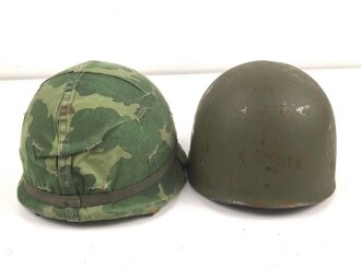U.S. Army, M1 steel helmet with pattern 1964 liner and Mitchell cover.