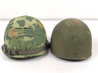 U.S. Army, M1 steel helmet with early liner ( CAPAC 1953 )  and Mitchell cover. Liner sweatband and cover dated 1973