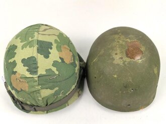 U.S. Army, M1 steel helmet with early liner ( CAPAC 1953 )  and Mitchell cover. Liner sweatband and cover dated 1973