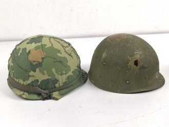 U.S. Army, M1 steel helmet with early liner ( CAPAC 1953 )  and Mitchell cover. Liner sweatband and cover dated 1973